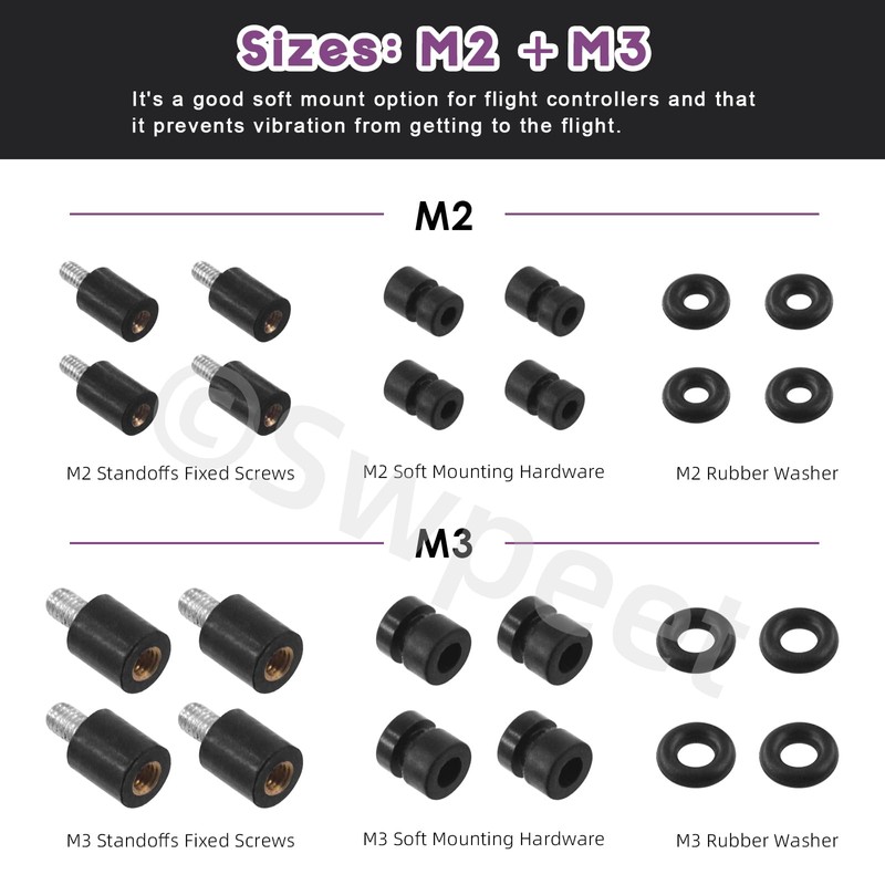 Swpeet 24Pcs M2 M3 Rubber Flight Controller Anti-Vibration Fixed Screws