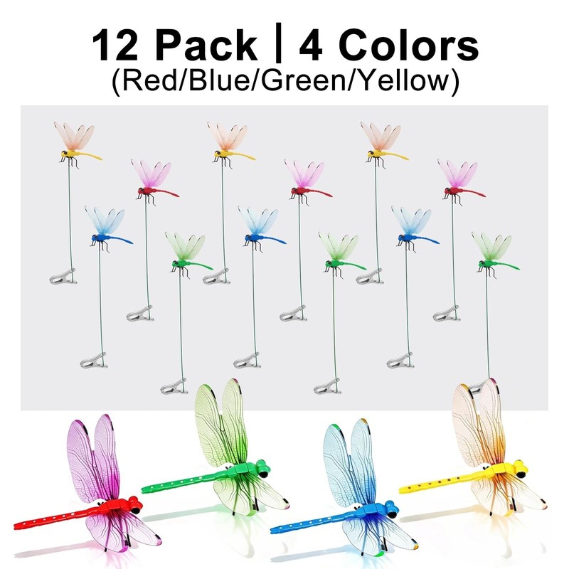 12 Pack Realistic 3D Dragonfly Clips, Fake Dragonflies for Garden