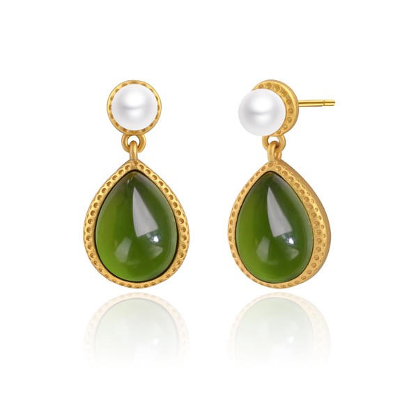 14K Gold Plated Green Jade Teardrop Earrings with Pearl Studs