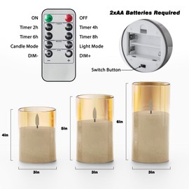 Crystal Texture Design Flickering Flameless Candles with Remote & Timer, Real Wax Battery Operated Candles with Flickering Flame, Realistic Battery Candles, Gold Glass - 3Pack [3"×4"/5"/6"]
