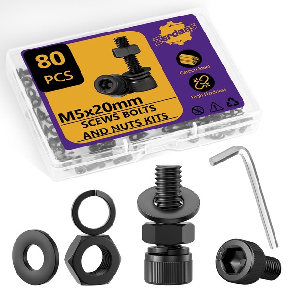 Pack of 80 M5 Metric Hex Screws and Nuts Assortment