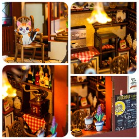 DIY Book Nook Kit - 3D Wooden Puzzle Dollhouse with LED - Miniature Bookshelf Decor for Teens & Adults - Bookend Creative DIY Miniature House Kit Unique Present Idea (Coffee House)