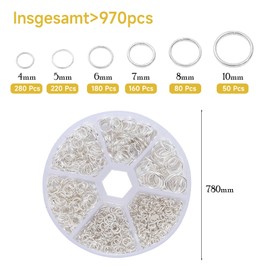 Huotflame Jump Rings DIY Set - 970 Pieces Open Rings, Alloy Jump Rings for Jewellery Making - 85 g Assortment for Earrings Bracelets Chain Repair Craft Supplies Gold & Silver (Silver)