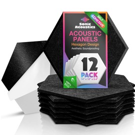 Sonic Acoustics Self-Adhesive 12 Pack Hexagon Acoustic Panels, 14" X 12" X 0.4" High Density Sound Absorbing Panels Sound Proof Insulation Beveled Edge Studio Treatment Tiles-Black