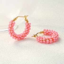 KELITCH Hoop Earrings Colorful Beaded Stud Earrings Round Small Drop Earrings for Women (Pink 04J)
