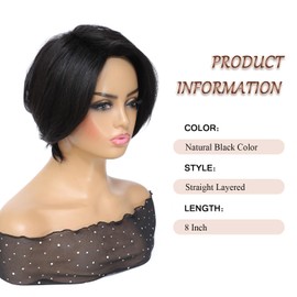 HUA Pelucas Cortas Para Mujeres Negras, Corte Pixie De 20 Cm, Cabello Humano Corto Y Liso, Sin Pegamento, En Capas, Brasileñas, Color Negro Natural.