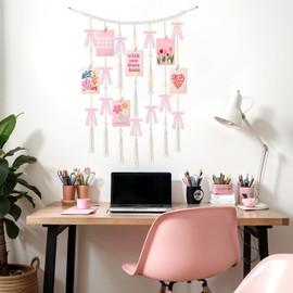 Fulmoon Pink Bow Hanging Photo Display Wall Decor with Lights Clips Boho Pearl Garland Photo String Collage Pink Bow Picture Frame for Room Bedroom Graduation Wedding Christmas Coquette Party Decor