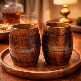 Natural Solid Wood Barrel Shaped Cups Set of 2 – Handcrafted Beer Glasses and Unique Rustic Coffee Mugs for Stylish Home Decor and Daily Drinkware Use
