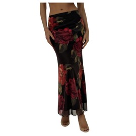 Milumia Women's Floral Ruched Mesh Maxi Skirt Elegant Lettuce Trim Fishtail Long Skirts Black and Red Medium