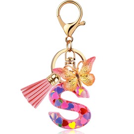 Initial Letter Keychain for Women Gift Cute Butterfly Tassel Resin Keychain Wallet Car Backpack Handbag Charm Accessories