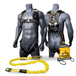 KwikSafety TORNADO DiamondBACK Safety Harness + Safety Lanyard [COMBO] 3 QUICK CONNECT BUCKLES + 1 D-RING ANSI OSHA Premium Fall Protection Black Full Body Fall Arrest Construction Roofing Gear