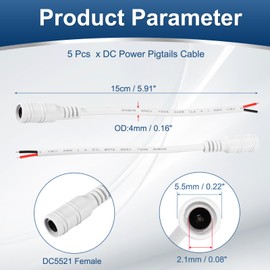 sourcing map 5pcs DC Power Pigtails Cable, 5.5 x 2.1mm Female Barrel Plug Connector to Bare Wire Open End for CCTV Camera, DVR, LED Strip, 15cm White