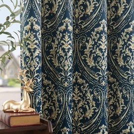 JINCHAN 100% Blackout Curtains for Bedroom, Blue Damask Patterned Curtains 96 Inch Length for Living Room, Vintage Medallion Art Deco Drapes, Thermal Insulated Grommet Window Treatments, 2 Panels Blue