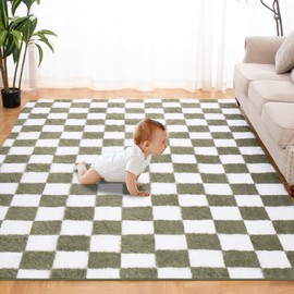 Super Soft Rug for Bedroom, 4x5.8 Ft Green and White Area Rug Classic Checkered Shaggy Anti-Skid High Pile Soft Fluffy Rug Fuzzy Carpet for Living Room Bedroom Kids Room Nursery, Dorm Home Decor