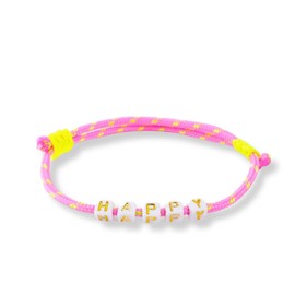 happymaker - Boho Schmuck für den Sommer, Surfer Armband Frauen aus Segeltau rosa mit Buchstaben Perlen - Happy- zwei Schiebeknoten in gelb neon, größenverstellbar, wasserfest und handmade