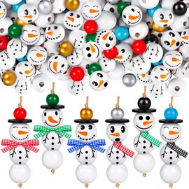 150PCS Christmas Snowman Wooden Beads, Christmas Wooden Beads with Twine Scarf, Christmas Colorful Print Wooden Beads for DIY Crafts Christmas Party Christmas Tree Home Decoration
