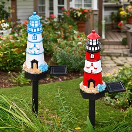 YZYOE 2 Packs of Solar Powered red and Blue Lighthouse Floor Lamps, Garden Decorative Resin Cute Lighthouse Lamps,Wireless Dusk to Dawn LED Lights Waterproof.