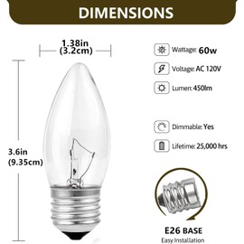 60W Incandescent Torpedo Tip Chandelier - Crystal Clear, Torpedo TipIncandescent Clear Dimmable Light Bulbs and Medium E26 Candelabra Base ，ge Light Bulbs 60W, Ceiling Fans & More(6PACK)