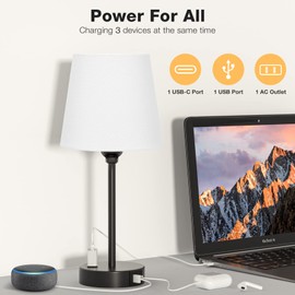 White Bedside Lamps for bedrooms Set of 2 - Nightstand Bedroom Lamp with USB C Port and AC Outlet Charging, 3 Way Dimmable Touch Control Small White Bed Side Table Lamp, Nightstand Light for Kids