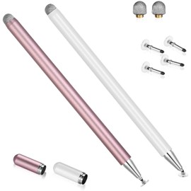 Stylus Pen 2 Pack, Lápiz Óptico para Pantalla Táctil, Lápiz Capacitivo de Alta Sensibilidad Compatible con Tableta, Móvil, Teléfono Inteligente, con 4 Puntas de Disco y 2 Puntas de Fibra (Rosa+Blanco)