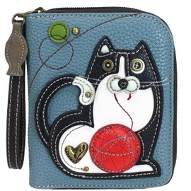 CHALA Fat Cat Zip-Around Wristlet Wallet - Cat Lover Gift - Blue Gray