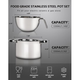 Marsheepy Double Boiler Pot Set,1250ML/1.1QT Mixing Bowl for Chocolate Melting, 2200ML/ 2QT 304 Stainless Steel Pot With Silicone Spatula for Melting Chocolate, Candy, Candle, Soap, Wax