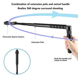 VELATEMOR Action Camera Invisible Selfie Stick & Tripod Combo, Extendable 47.2in, Black, Compatible with ONE X4/X3/X2, Slip Resistant, ABS, Aluminium Alloy