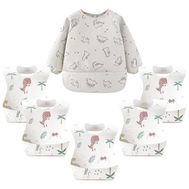 Baby Weaning Bib with 5 Non-Woven Feeding Bibs, Waterproof Long Sleeve Adjustable for 0-24 Months, Soft Skin-Friendly with Large Pocket, Perfect for Indoor Outdoor and Travel, Cute Dinosaur Pattern
