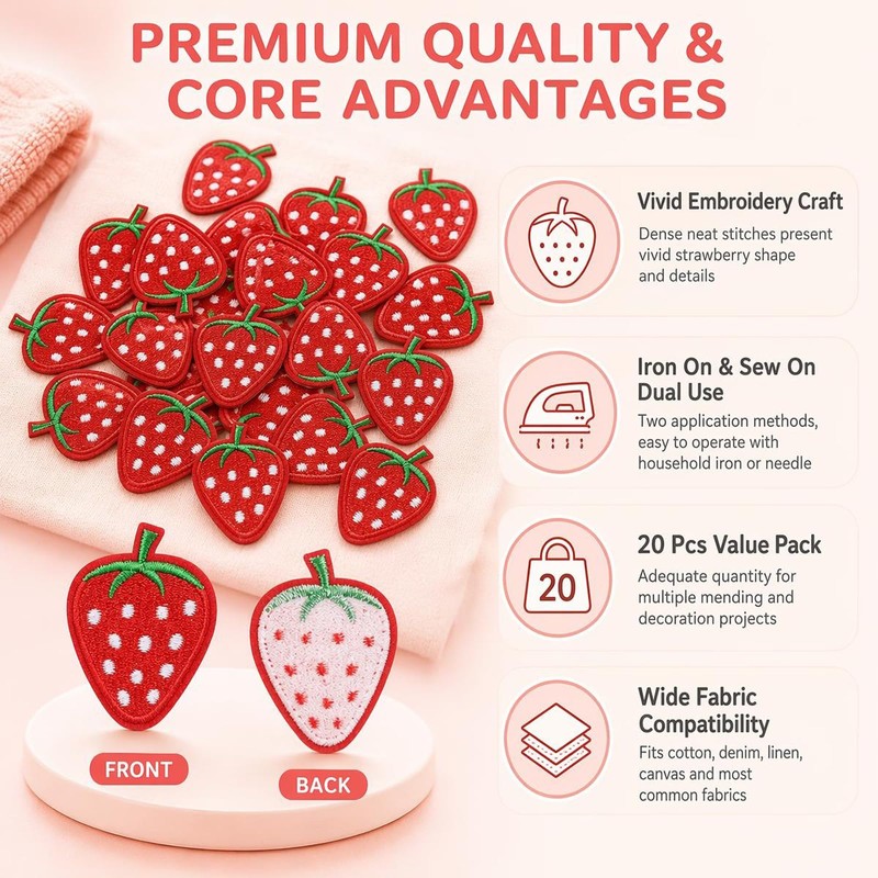 20Pcs Strawberry Iron On Patches Embroidered Fruit Appliques