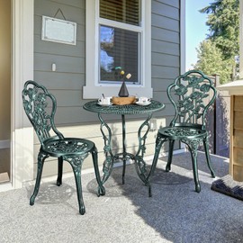 Yaheetech 3-Piece Outdoor Bistro Set w/Rose Design, Rust-Resistant Cast Aluminum Table and Chairs w/Umbrella Hole for Balcony Backyard Garden - Green