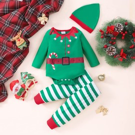 NUBEEHOHO Babies Xmas Elf Romper Outfit Infant Christmas Striped Bodysuit Long Sleeve Clothing Set 6-12 Month