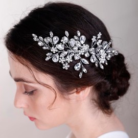 Lenjicons Wedding Floral Rhinestone Hair Comb Sparkling Crystal Bridal Hair Accessories Handmade Rhinestone Wedding Hair Comb Crystal Bridal Headpiece for Women (silver)