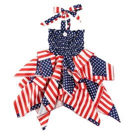 Traje para bebé niña del 4 de julio con la bandera americana, con correa para la diadema, vestido halter para el día de la independencia, Rojo Azul #3, 3 Años/4 Años