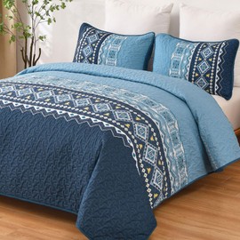 WONGS BEDDING Blue Quilt Set Queen,Boho 3 Pieces Bedspread Coverlet Set with Geometry Printed for All Season,Lightweight Morden Bohemian Bedding Set 96"×90"