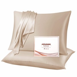Adubor Silk Pillowcase 2 Pack for Hair and Skin with Hidden Zipper, Both Sides 23 Momme Silk Pillow Case (Beige, Standard: 20''x26'')