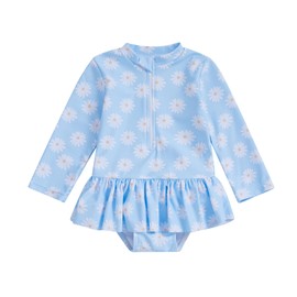 M9ppzzur7 Toddler Baby Girls Romper Rash Guard Daisy Print Long Sleeve One-Piece Ruffles Baby Infant Girl Bathing Suit (Blue, 2-3 Years)