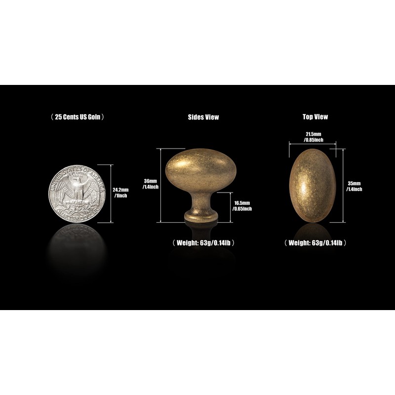 Goo-Ki 1.2Inch(36MM) Oval Antique Brass Cabinet Knobs, Zinc Alloy for