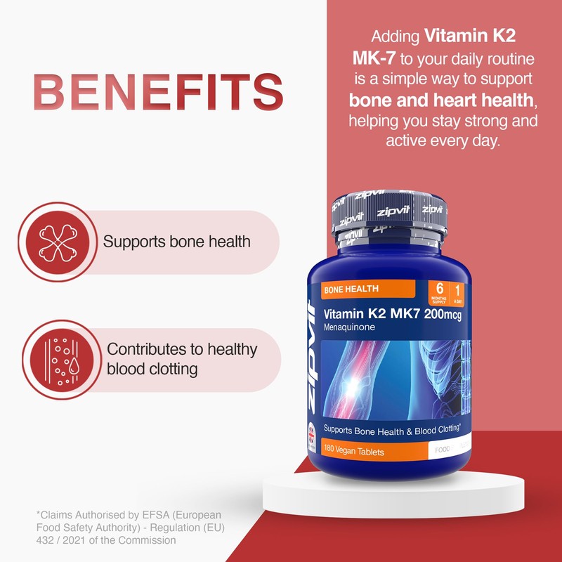 Zipvit Vitamin K2 MK7 200mcg, High Strength K2 Vitamin Supplement,
