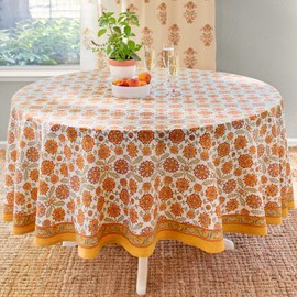 Saffron Marigold Round Hand Block Printed Tablecloth - Orange Blossom Luxurious 100% Cotton, Washable, for Home Decor, Kitchen, Coffee Or Dining Table 90 Inch