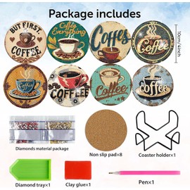 8 Pcs Coffee Theme Diamond Paintings Coasters with Holder for Adults Beginners, Round Full Drill Diamond Art Craft Supplies (QLBD-12)