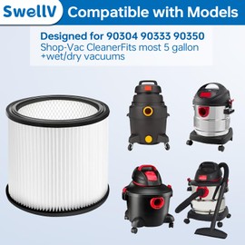 Swellv 90304 Replacement Filter Compatible with Shop-Vac Shop Vac 90304, 90350, 90333,903-04-00, 9030400,fits most 5 Gallon and above Wet/Dry Vacuum Cleaners (2 Pack)