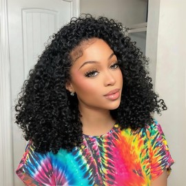 ZIYU Half Wig Human Hair - 180% Density Curly Half Wig 3 In 1 Wear Go Glueless Wigs 16 Inch Drawstring Seamless Kinky Curly Flip Over Headband Wig Human Hair Beginner Friendly