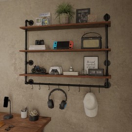 ROGMARS Industrial Pipe Shelving Bathroom Shelves with Towel bar, 48 in Rustic Floating Shelves Pipe Wall Shelf with Hooks for Living Room,Kitchen 3 Tier