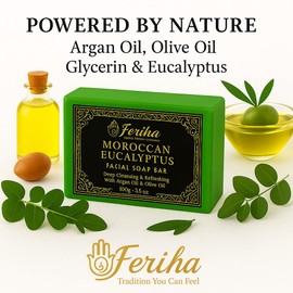 FERIHA Moroccan Eucalyptus Facial Soap Bar – Deep Cleansing & Refreshing – With Vegetable Glycrine- Argan Oil & Olive Oil – 100g / 3.5 oz