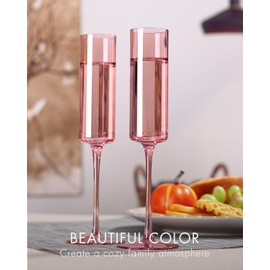 comfit Pink Champagne Flutes Glass set of 6-6.5oz Square Champagne Glasses- Stemmed Coupes Reusable - Colored Champagne Glasses For Engagement Birthday Party Wedding Anniversary