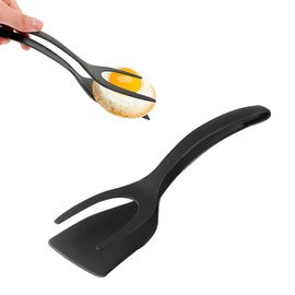 LIAMGUS Black Fried Egg Flipper, 2 in 1 Spatula, Egg Flipper Tong, Non Stick Flipper Food Clip Egg Turner, for Flipping Omelette, Pancake, Steak, Fish, and Egg