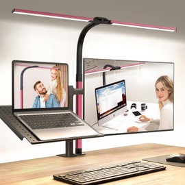 LED Desk Lamp for Home Office, Eye-Caring Desk Light with Clamp, Stepless Dimming 24W Double Head Architect Task Lamp with Remote Control, Flexible Arm for Working Studying Reading Drafting（RED)