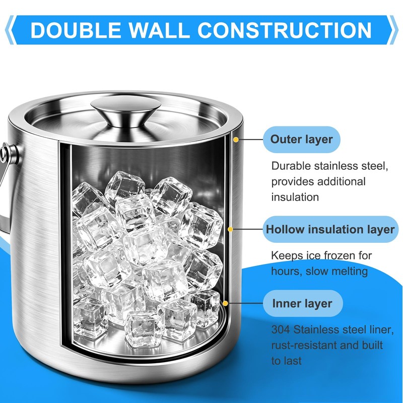 Stainless Steel Ice Bucket,3L Insulated Ice Bucket With Lid &