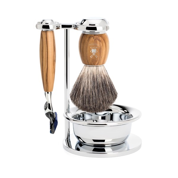 MÜHLE Vivo Shaving Set Compatible with Gillette Blades, Badger Hair Shaving Brush, Holder with Bowl - Olive Wood Handles