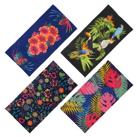 SMEHCF 4 Multipurpose Bandanas for Women Men Headband Balaclava Hair Head Scarf Face Half Airsoft Paintball Mask Neck Gaiters Breathable Reusable Washable Hibiscus Parrot Monstera Drawing